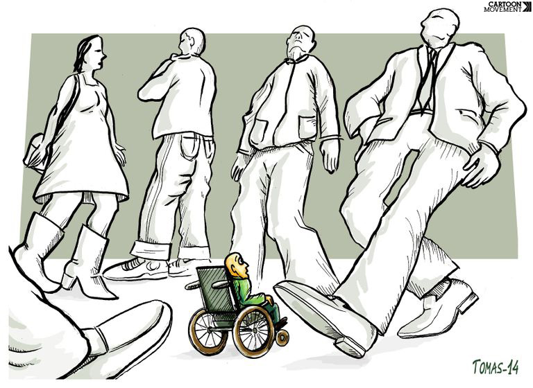 Une personne en fauteuil qui se voit petit et faible par rapport aux autres qui marchent... La vraie barrière c'est dans la tête