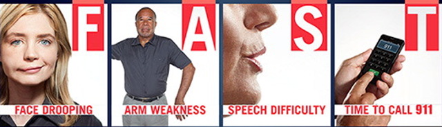 Stroke Awareness - Act FAST - Facial Droop Arm weakness Slurred Speech Time