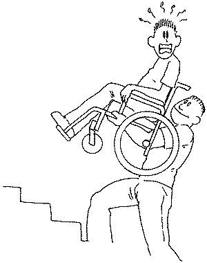 Hulk portant un fauteuil roulant et son passager pour monter des marches Hulk portant un fauteuil roulant et son passager pour monter des marches